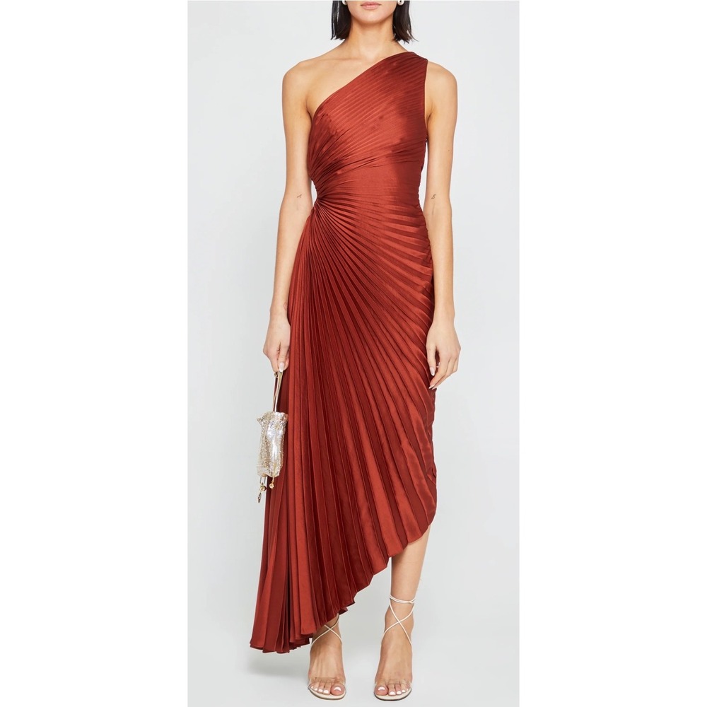 Few Moda o.p.t. One Pretty Time Rust Pleated One Shoulder Cutout Maxi Dress XS